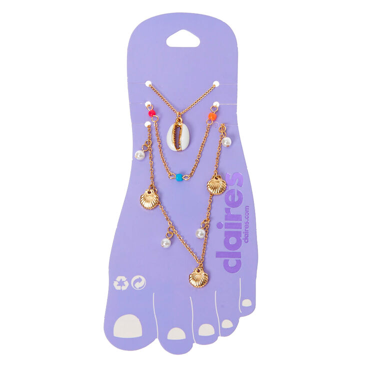 Gold Beaded Pearl Seashell Chain Anklets - 3 Pack,