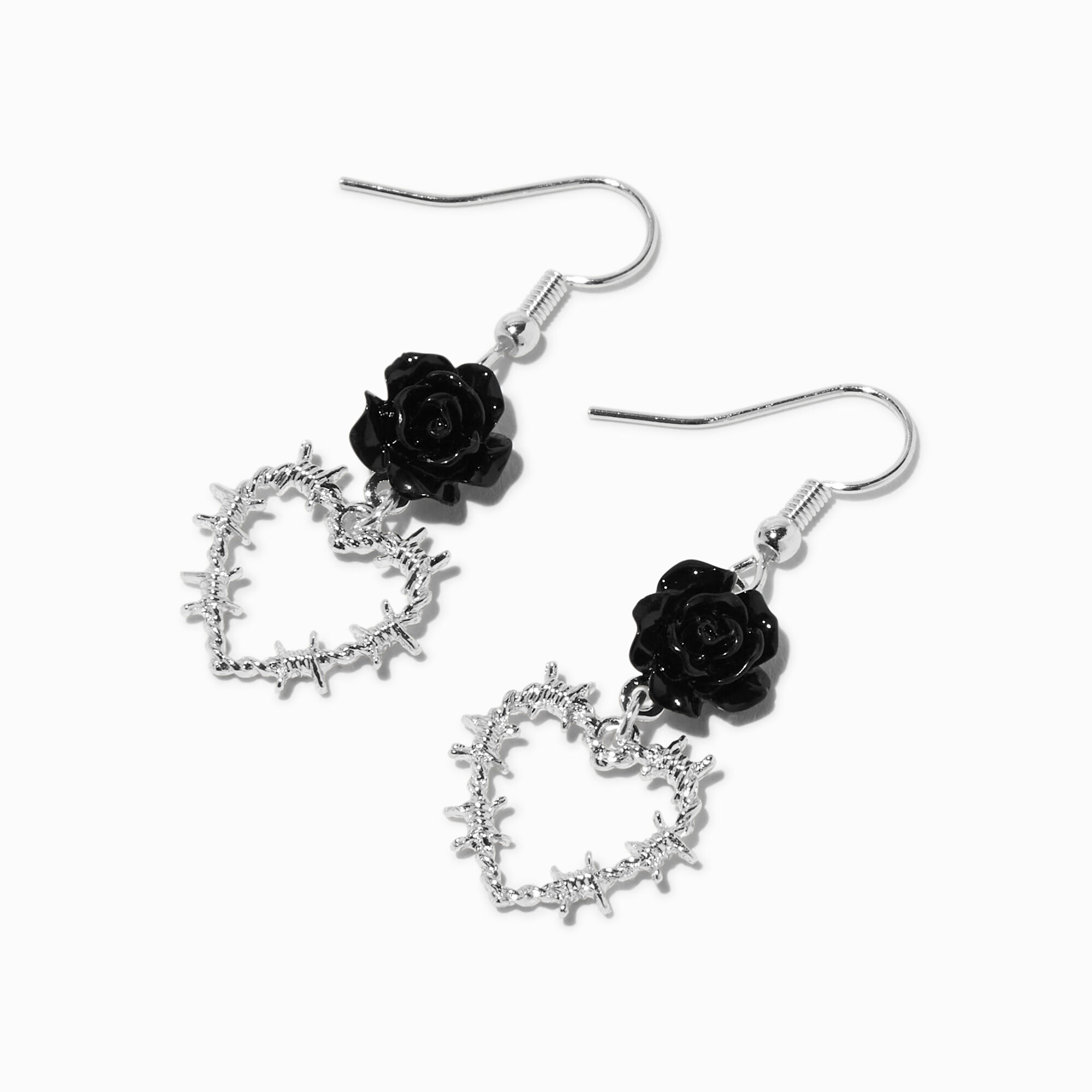 View Claires Rose Barbed Wire Heart 1 Drop Earrings Black information