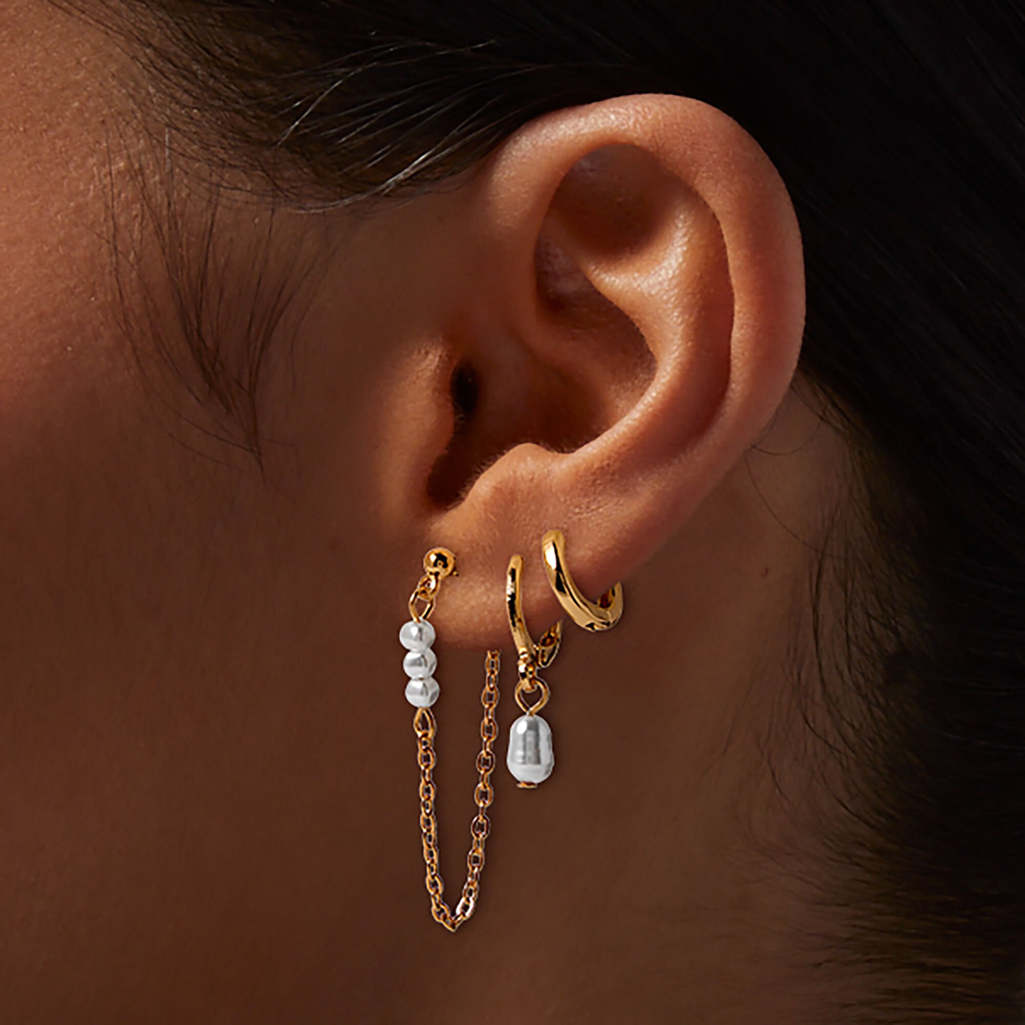 Gold-tone Pearl Chain Earring Stackables Set - 3 Pack,