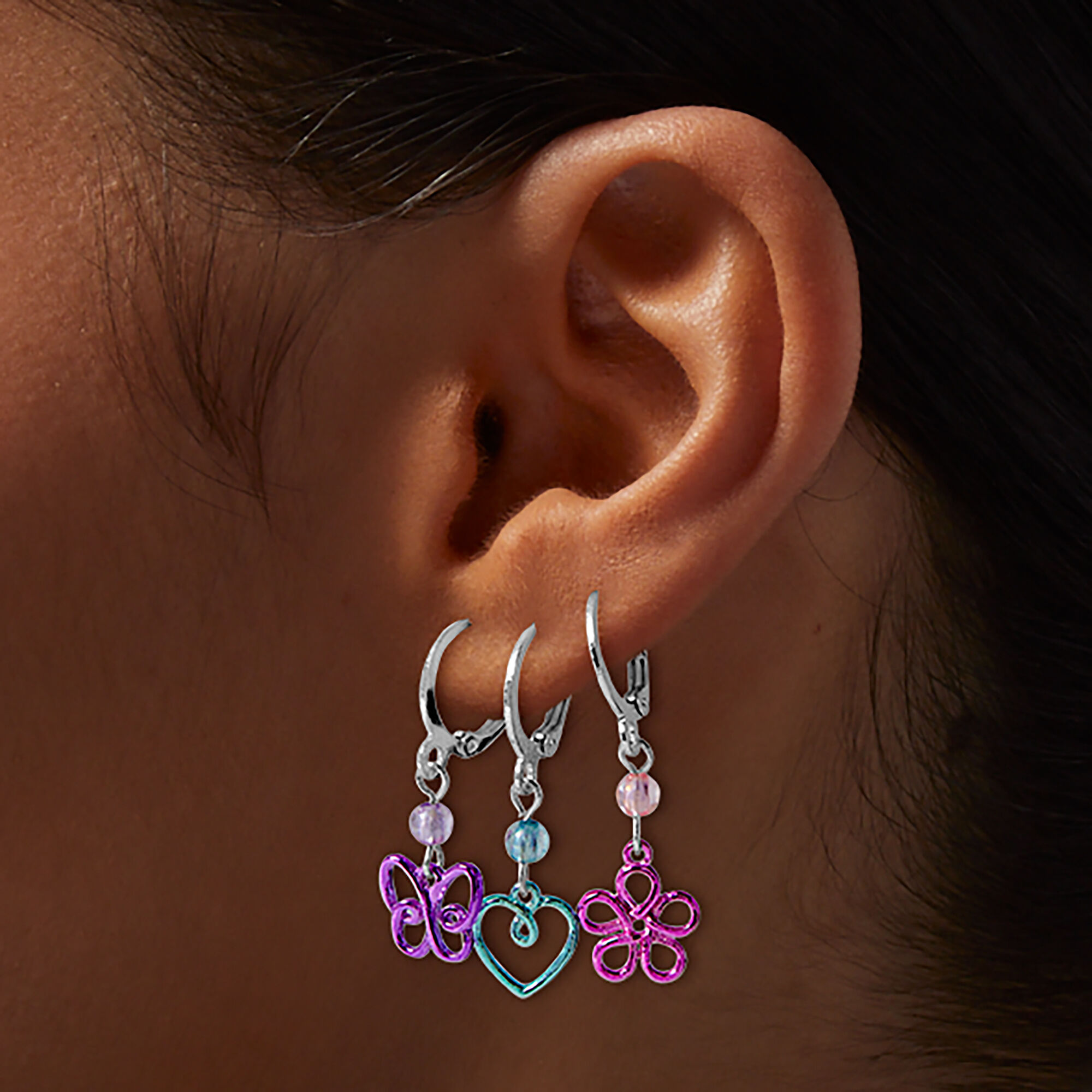 Wire Butterfly, Heart, & Daisy Hoop Earrings - 3 Pack,
