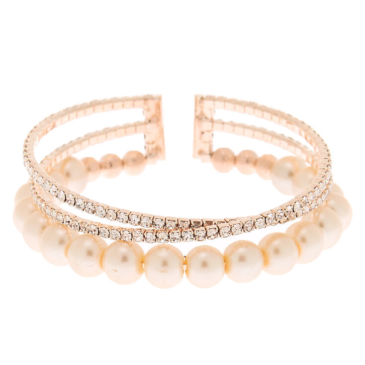Claire's Bracelet manchette avec perles d'imitation et strass couleur doré rose