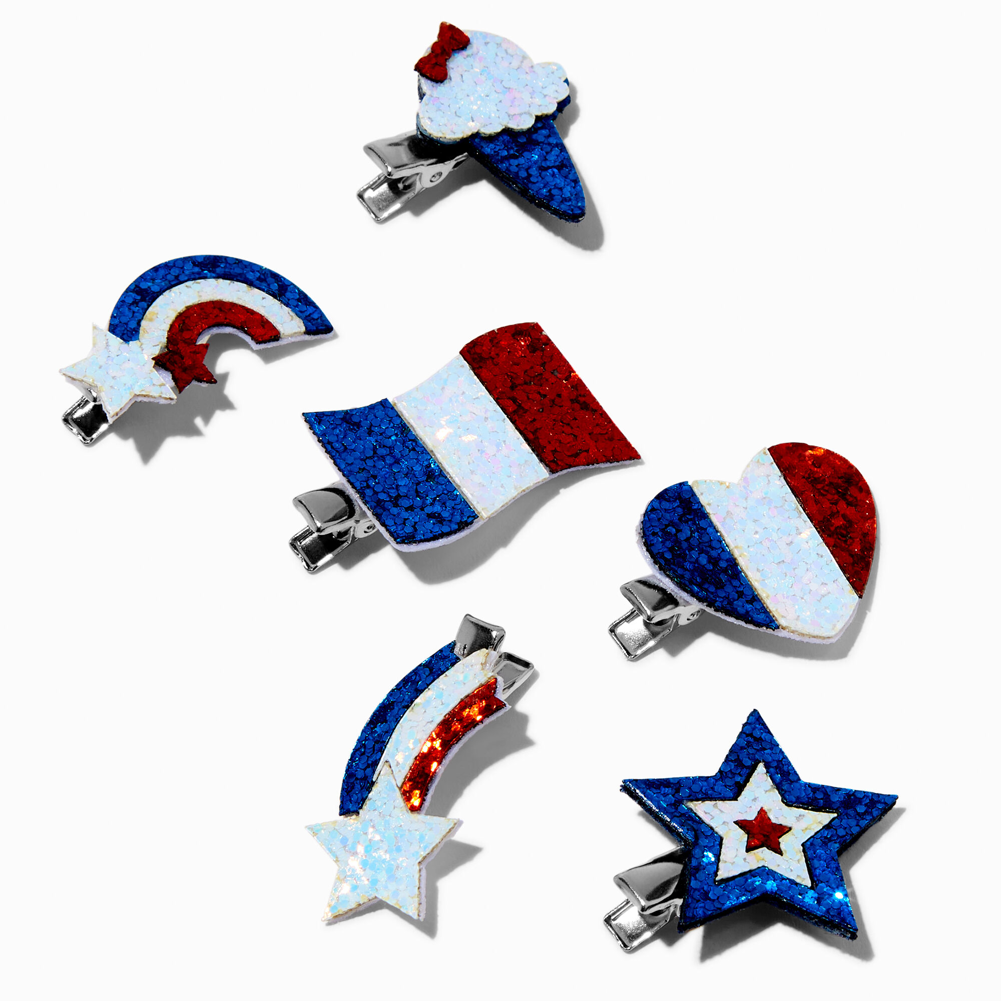 View Claires Red White Glittery Motifs Hair Clips 6 Pack Blue information