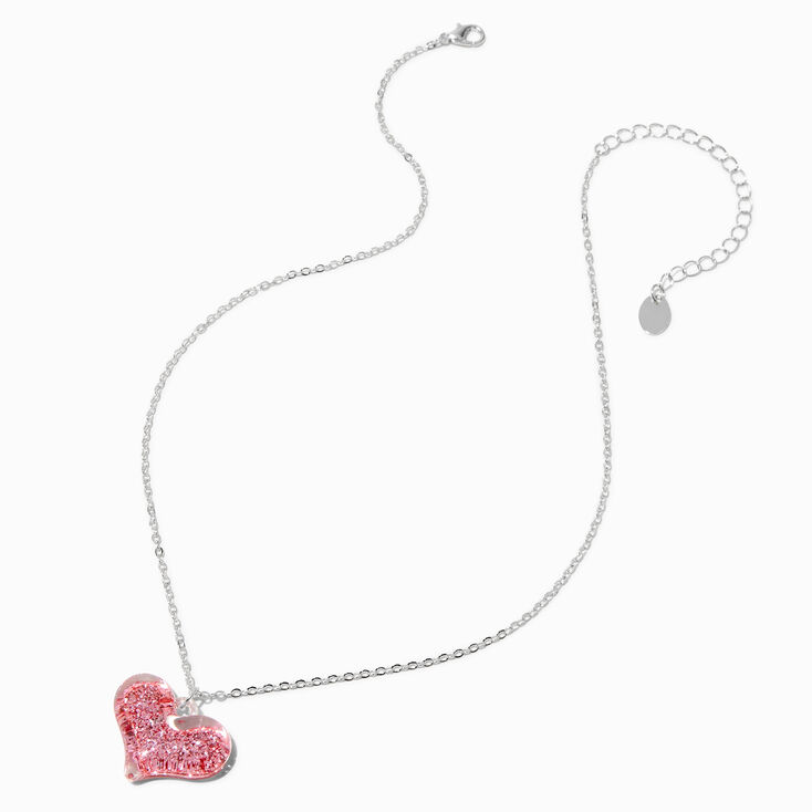Pink Glitter Heart Silver-tone Pendant Necklace,