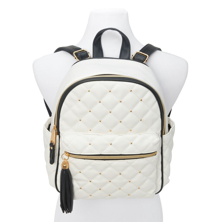 White Quilted Gold Studded Backpack,