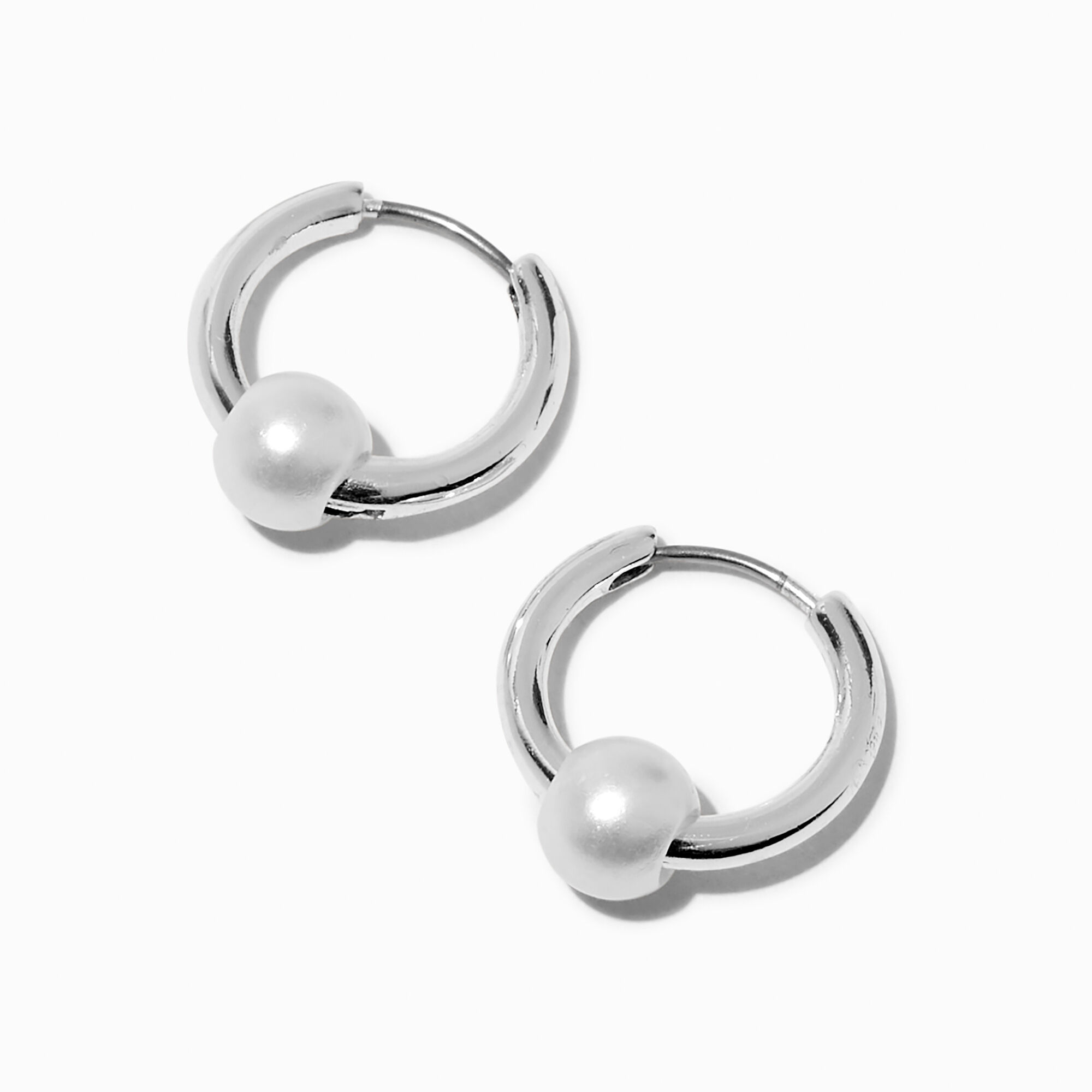 View Claires Pearl Bead Tone 15MM Huggie Hoop Earrings Silver information