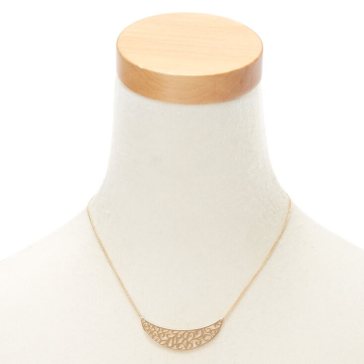 Gold Filigree Half Moon Pendant Necklace,