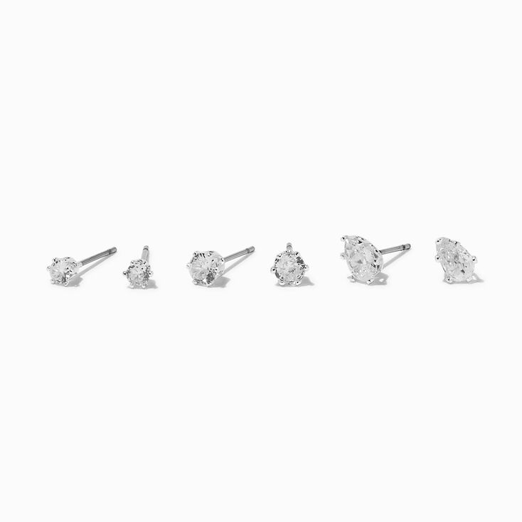 Clous d&rsquo;oreilles goutte et forme ronde en zircon cubique couleur argent&eacute;e - Lot de 3,