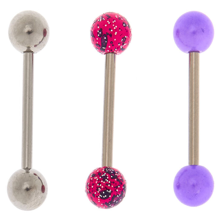 Titanium 14G Neon Splatter Tongue Rings - Purple, 3 Pack,