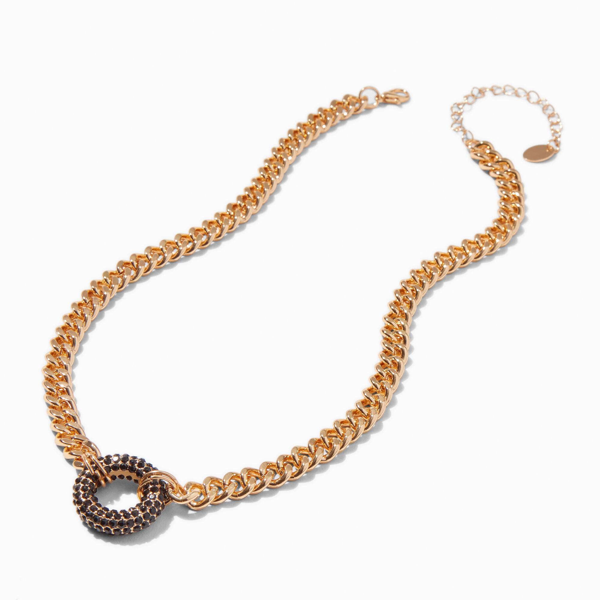 Gold-tone Curb Chain Black Crystal O Ring Pendant Necklace ,