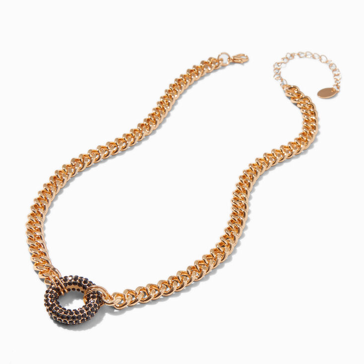 Gold-tone Curb Chain Black Crystal O Ring Pendant Necklace ,