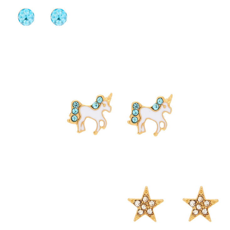 18kt Gold Plated Unicorn Stud Earrings 3 Pack Claire S