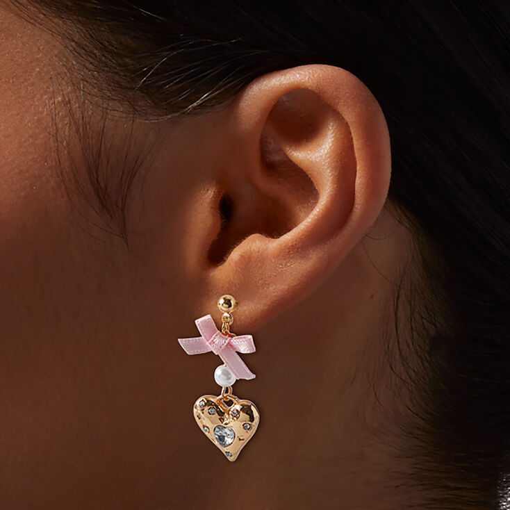 Gold-tone Crystal Heart Pink Bow Drop Earrings,