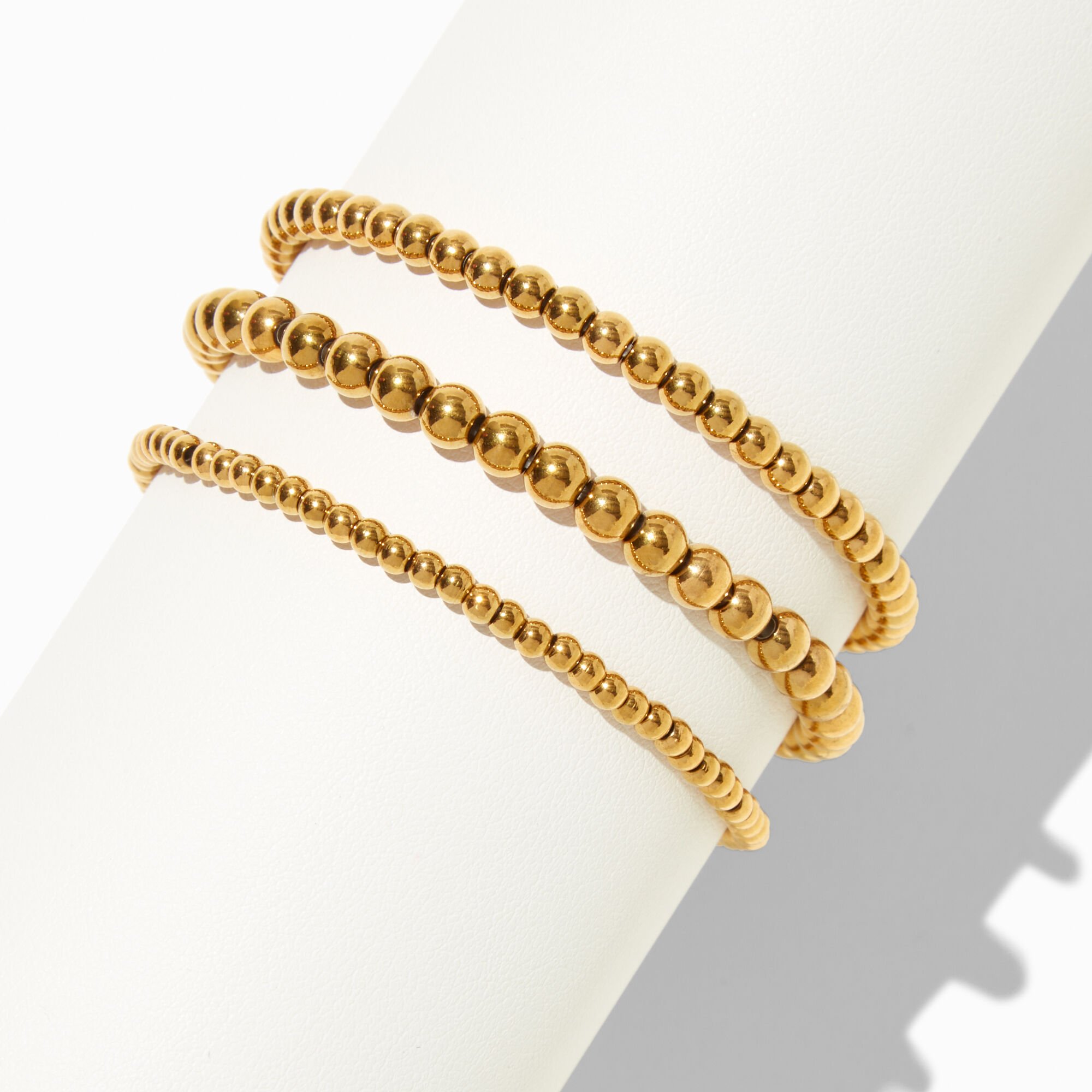 Gold-tone Stainless Steel Graduated Ball Stretch Bracelets - 3 Pack ,