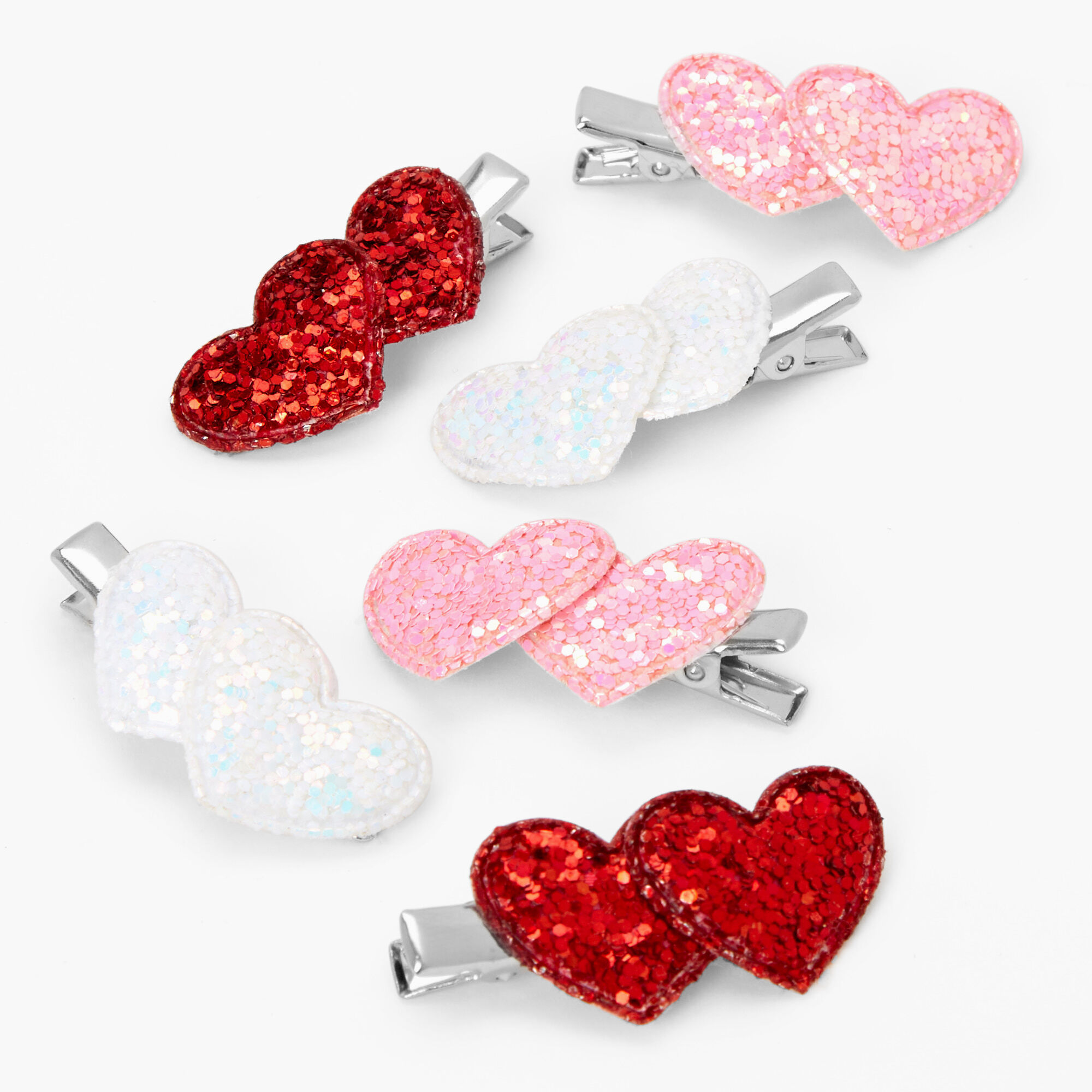 Valentine's Day Glitter Hearts Hair Clips - 6 Pack,