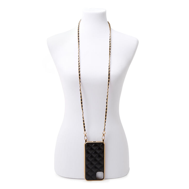 Black Quilted Phone Case with Gold Chain - Fits iPhone 11,