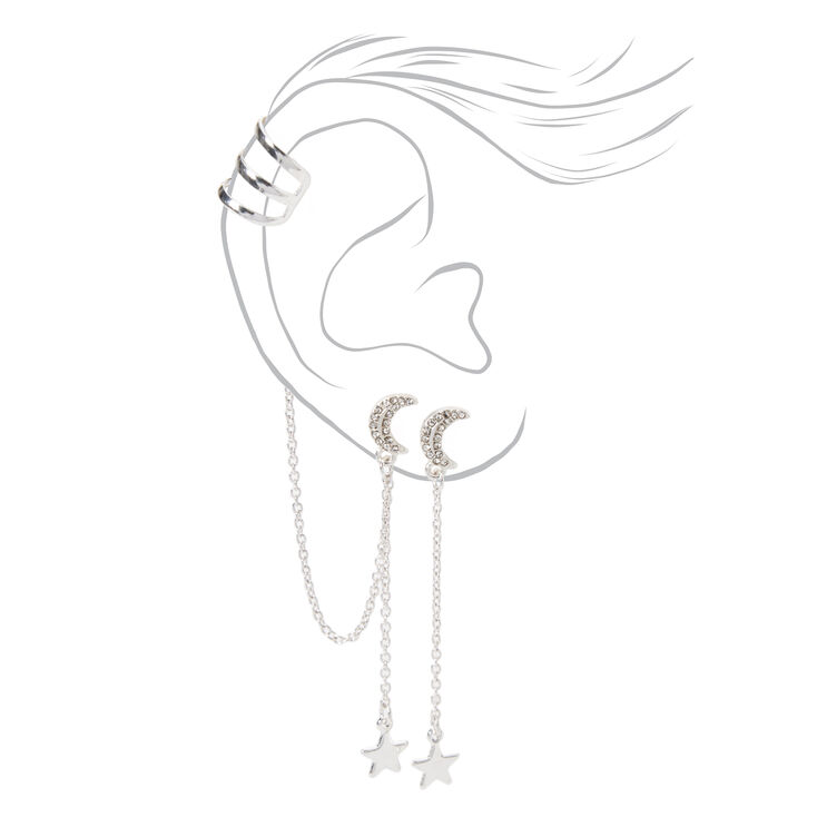 Silver Embellished Star Linear Ear Cuff Drop &amp; Stud Earrings - 3 Pack,
