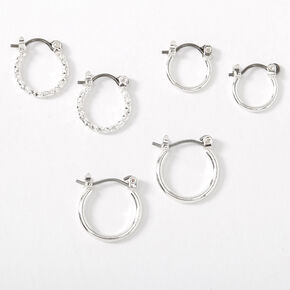Silver-tone Graduated Textured Hinge Hoop Earrings - 3 Pack,