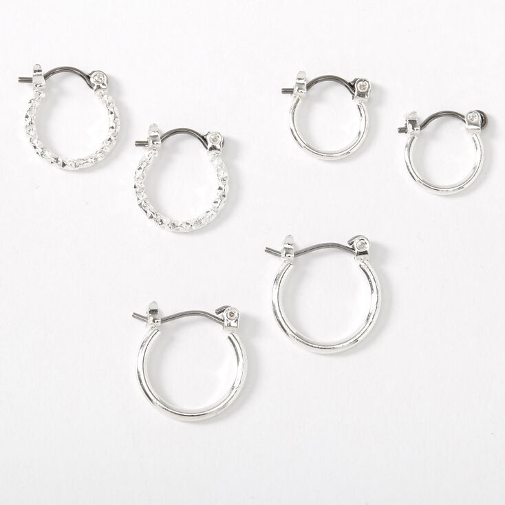 Silver-tone Graduated Textured Hinge Hoop Earrings - 3 Pack,