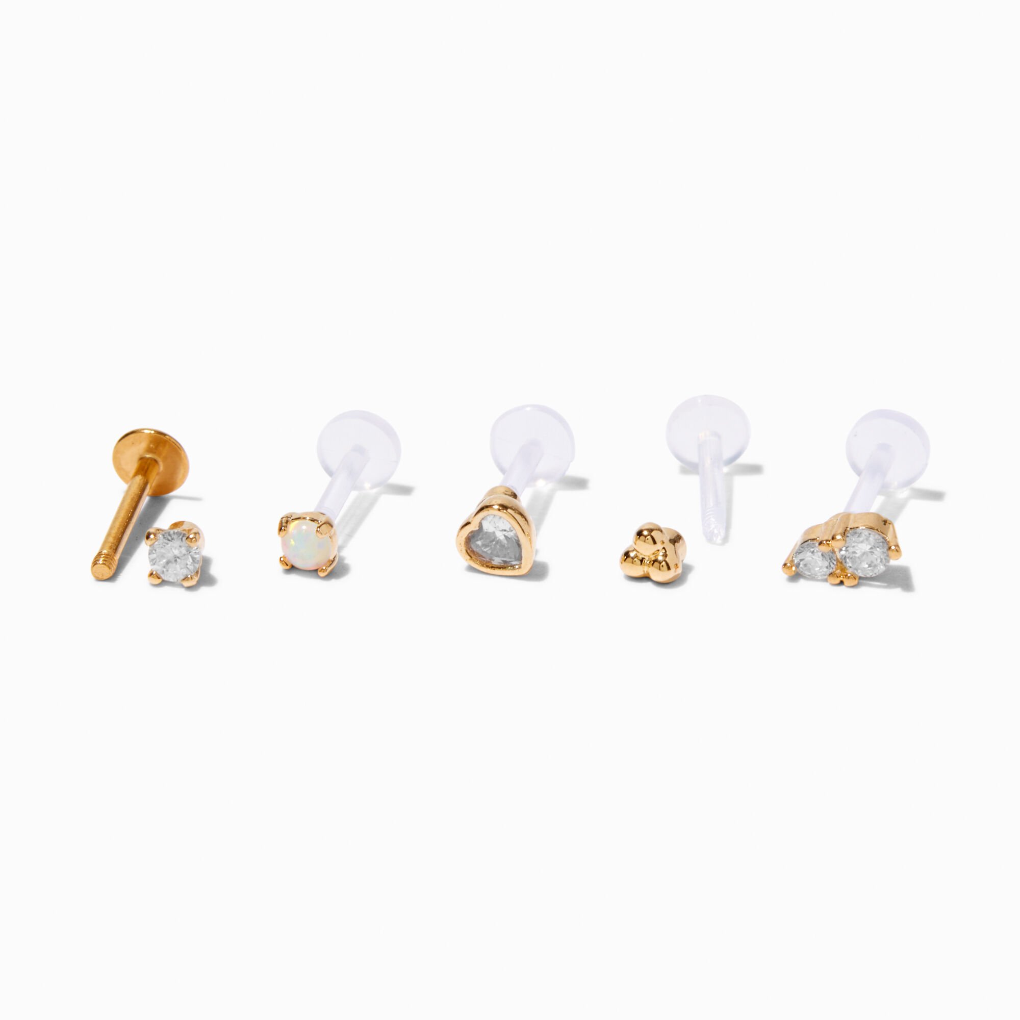 Gold-tone Stainless Steel Heart 18G Threadless Flat Back Tragus Earrings - 5 Pack,