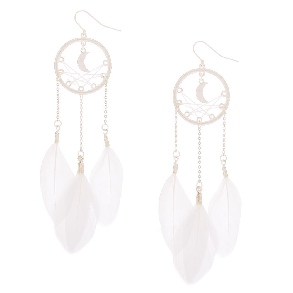 Silver Dreamcatcher Feather Drop Earrings White