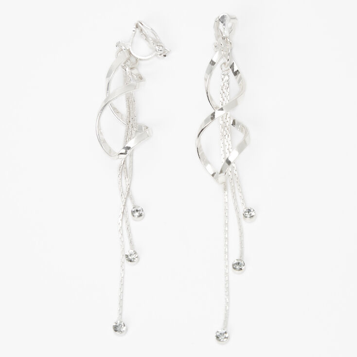 Silver 3.5&quot; Rhinestone Ribbon Clip-On Drop Earrings,