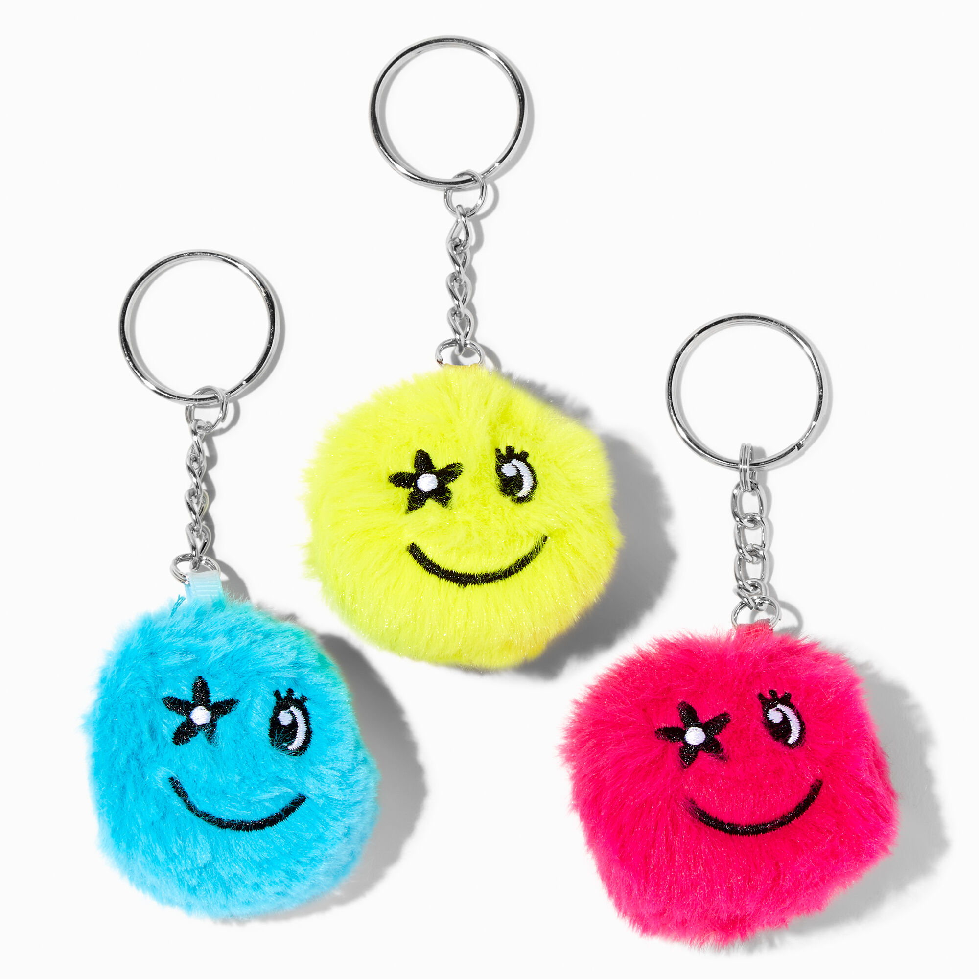  Best Friends Pom Pom Star Happy Face Keychains - 3 Pack,
