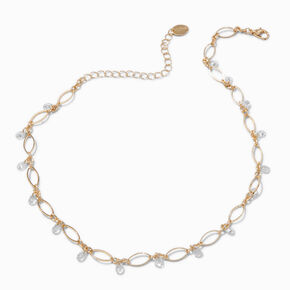 Gold-tone Cubic Zirconia Delicate Oval Dangle Choker Necklace,