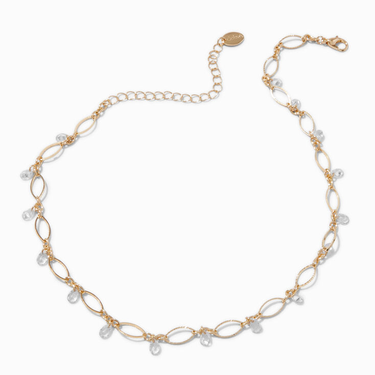 Gold-tone Cubic Zirconia Delicate Oval Dangle Choker Necklace,