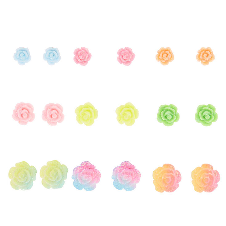 Glitter Pastel Rose Stud Earrings - 9 Pack,