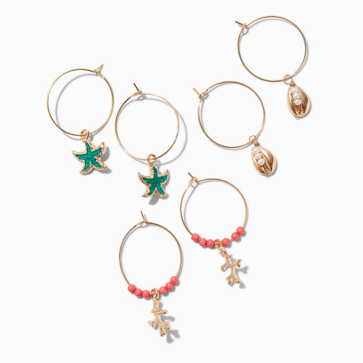 Gold-tone Coral Sea Shell Hoop Earrings - 3 Pack,