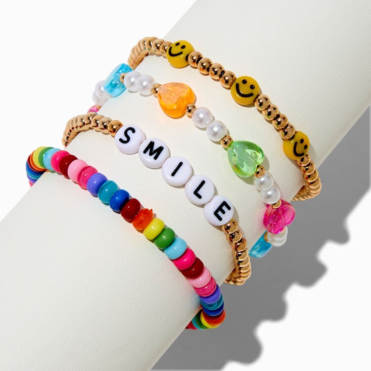 Happy Face &#39;&#39;Smile&#39;&#39; Beaded Stretch Bracelets - 4 Pack,