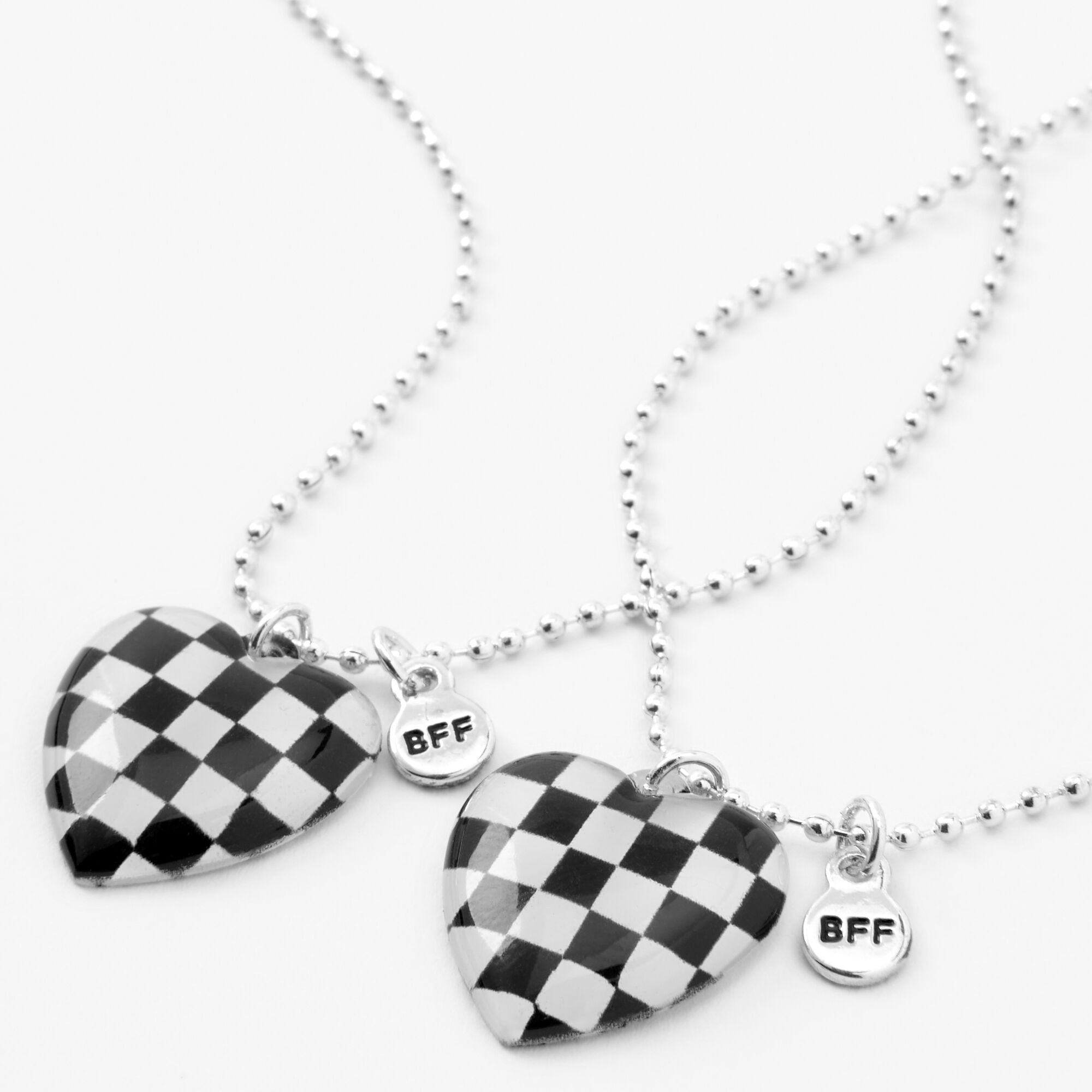 View Claires Best Friends Checkered Heart Pendant Necklaces 2 Pack Silver information