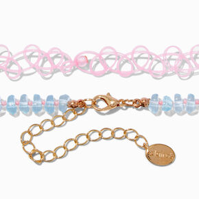 Pink Tattoo &amp; Blue Beaded Butterfly Choker Necklaces - 2 Pack,