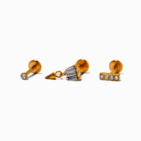 Boucles d&#39;oreilles pour piercing de cartilage non filet&eacute;es 1,0&nbsp;mm en strass et titane couleur dor&eacute;e - Lot de 3,