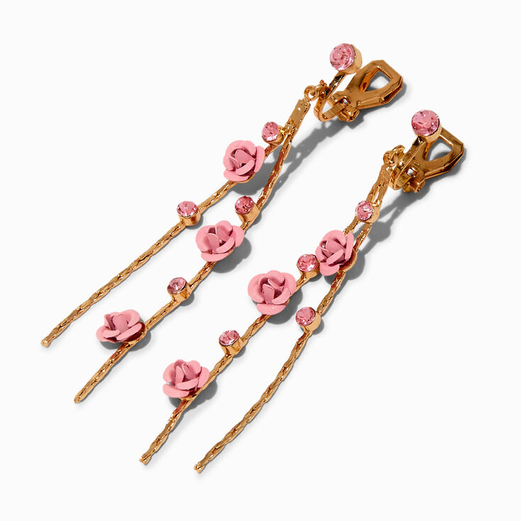 Pink Carved Roses Vine 3&quot; Clip-On Drop Earrings,