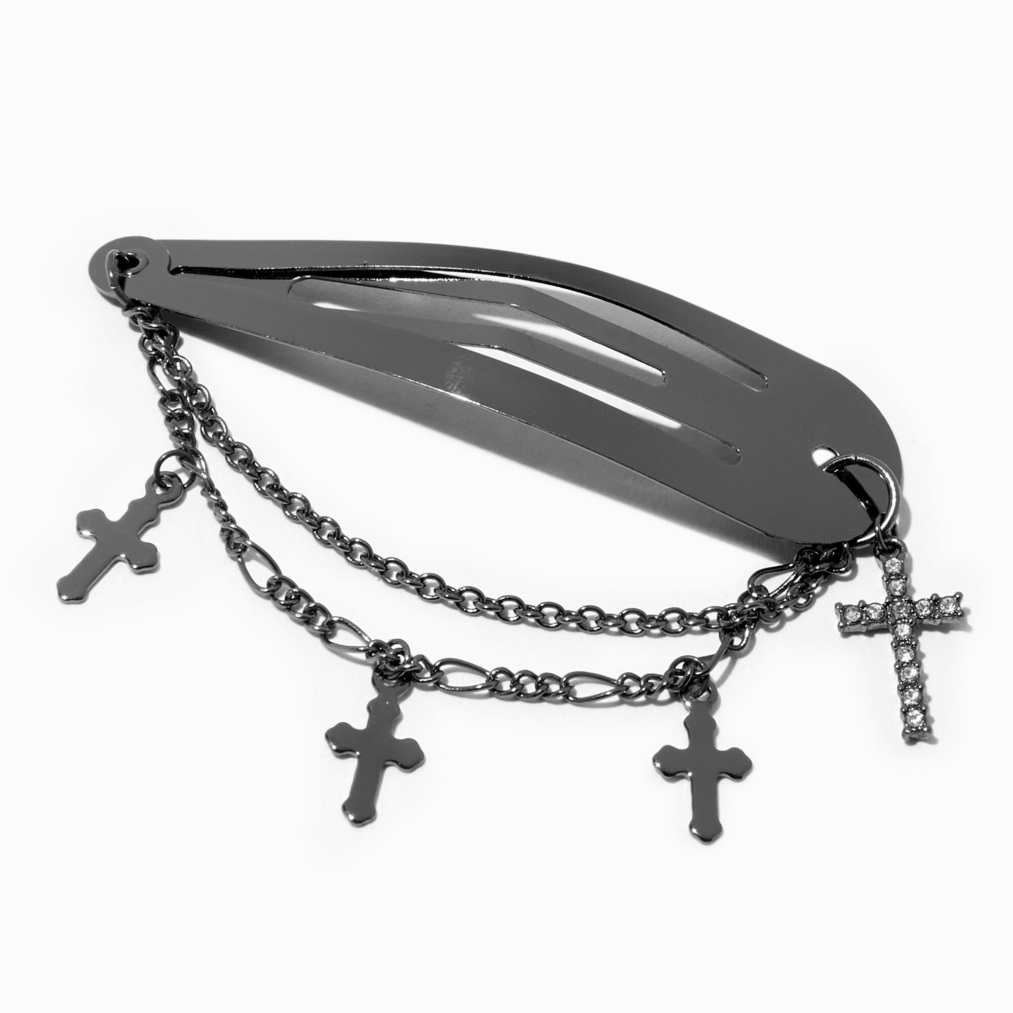 View Claires HematiteTone Cross Swag Snap Hair Clip information