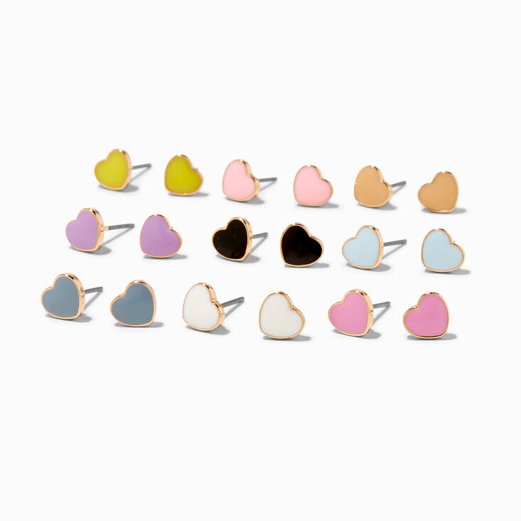 Enamel Hearts Stud Earrings - 9 Pack,