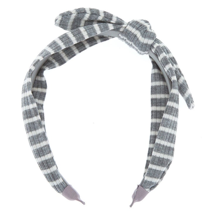 Ribbed Striped Knotted Bow Headband - Grey,
