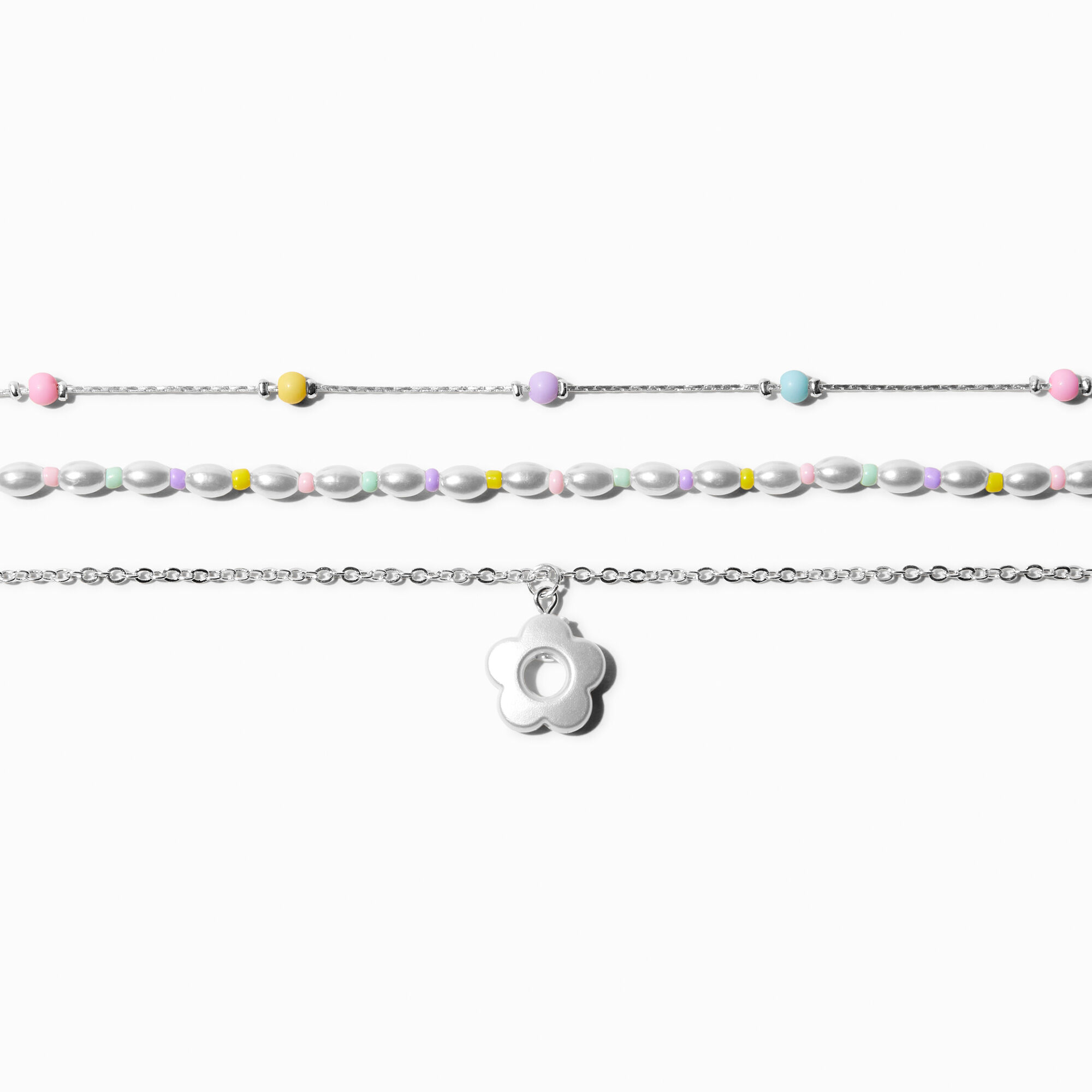 View Claires Club Pastel Flower Charm Choker Necklaces 3 Pack Silver information