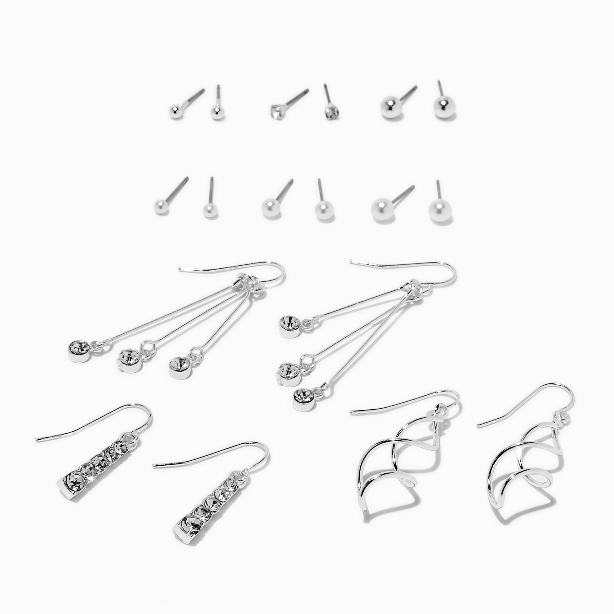 Silver-tone Swirl & Pearl Earrings Set - 9 Pack,