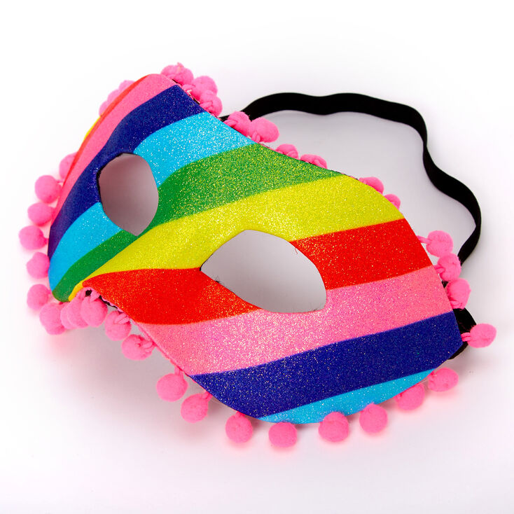 Claire's Masque à pompons à rayures arc-en-ciel avec bandes pailletées
