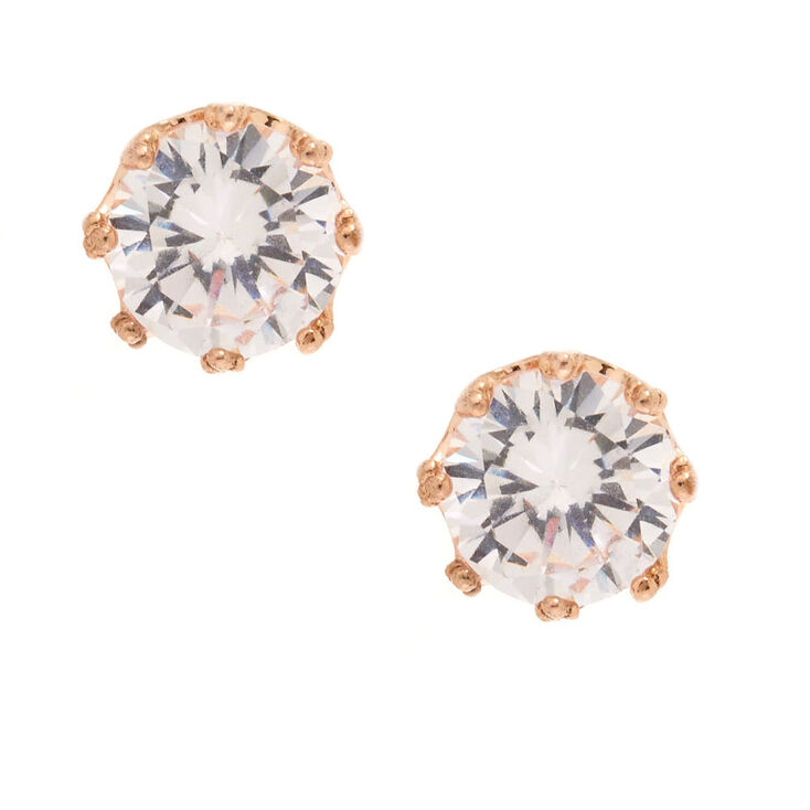 Rose Gold Cubic Zirconia Round Crown Stud Earrings - 8MM,