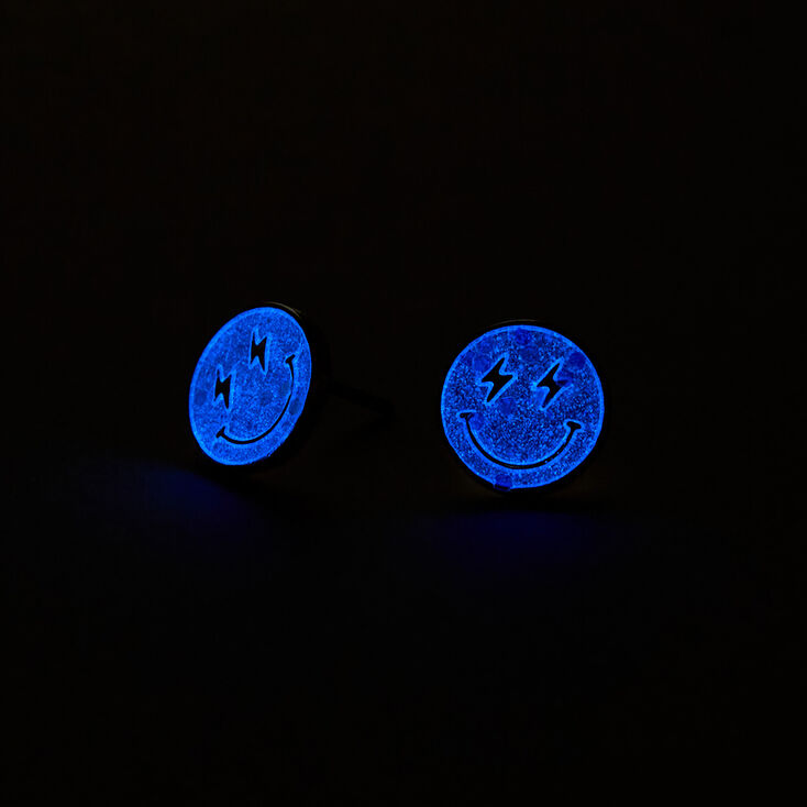Pink Glow In The Dark Happy Face Stud Earrings,