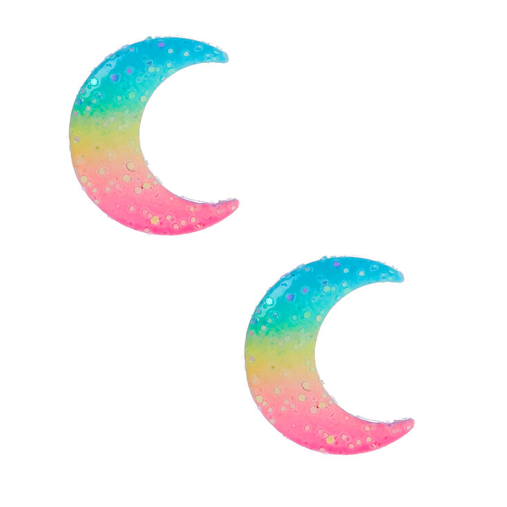 Clous d&#39;oreilles lune arc-en-ciel pastel couleur argent&eacute;e,