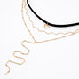 Gold Heart Cord Choker Multi Strand Necklace - Black,