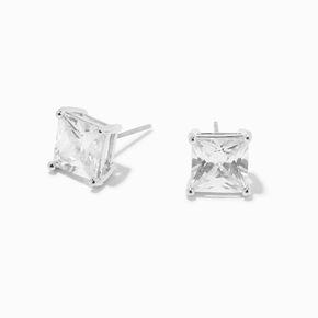 Silver Cubic Zirconia Square Stud Earrings - 8MM,