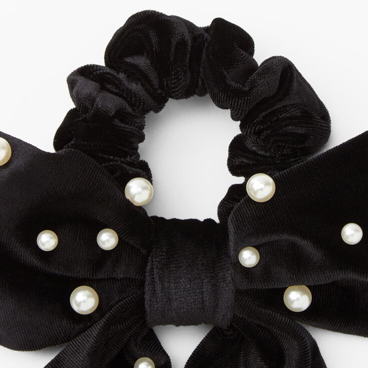 Pearl Studded Bow Hair Scrunchie - Black,