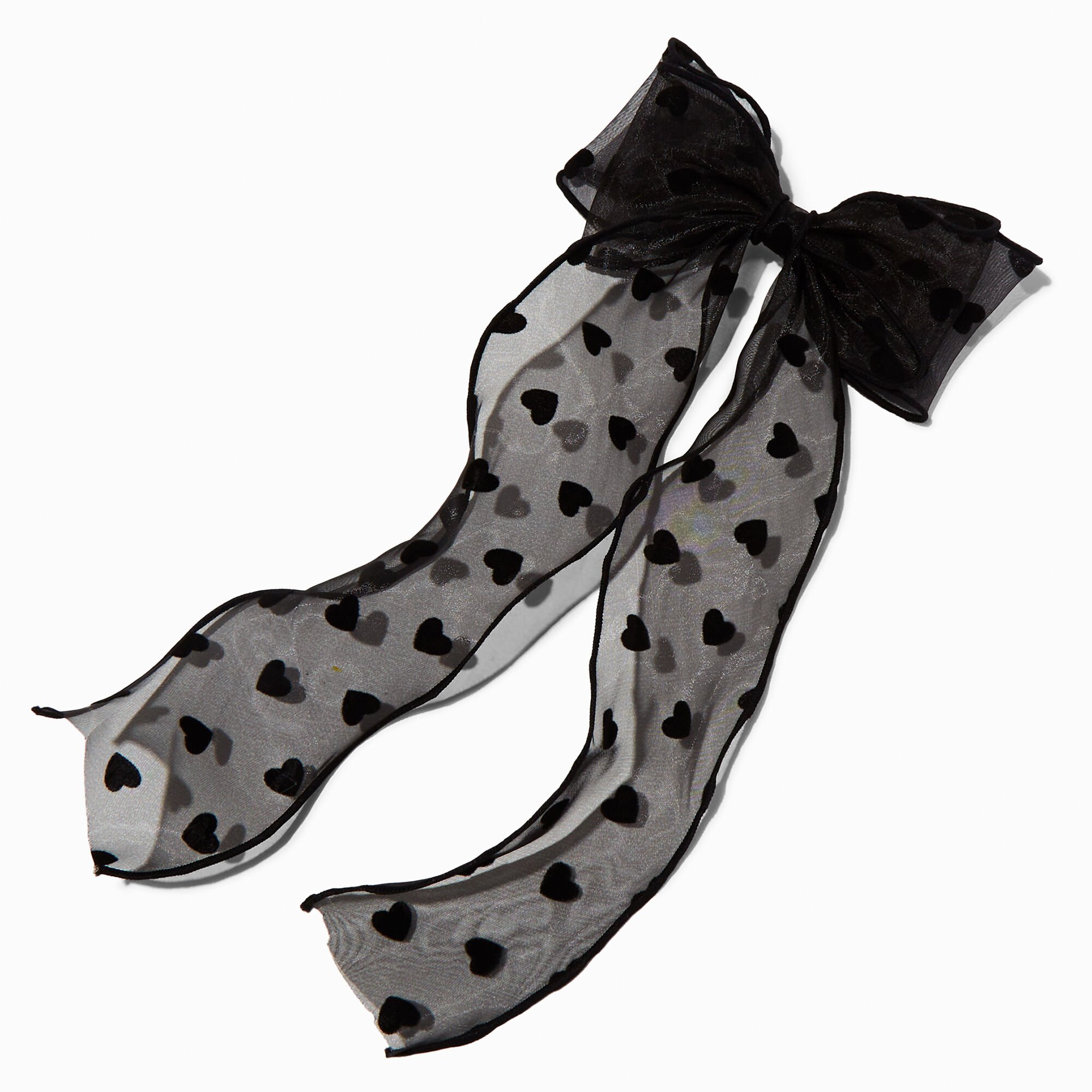 Black Sheer Heart Long Tail Hair Bow Clip,