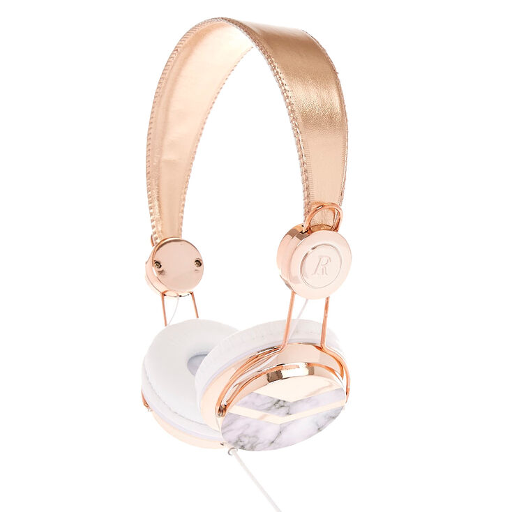 Rose Gold Tone &amp; Marble Print Headphones,