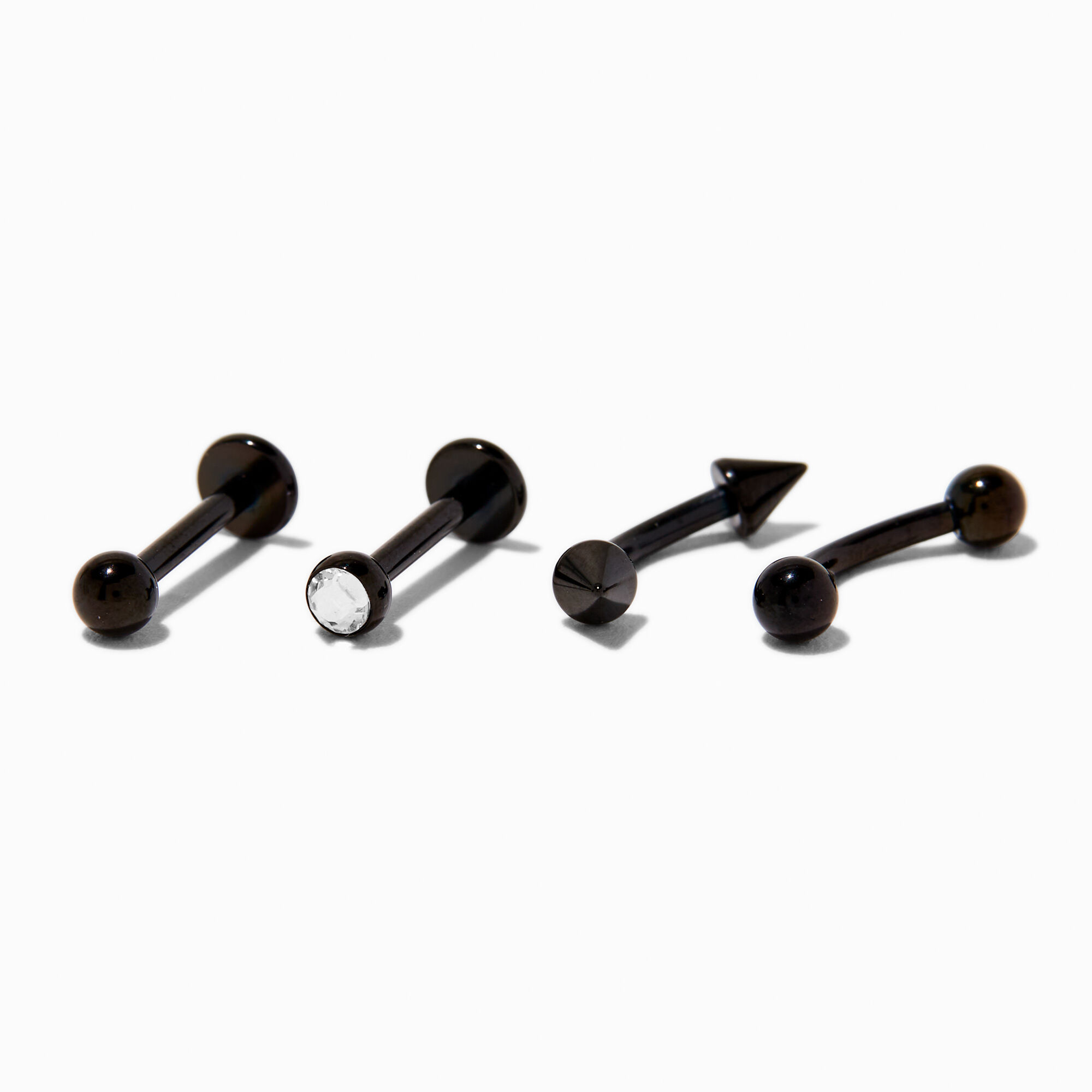 Black Titanium Cubic Zirconia 16G Spike Curved Labret Lip Studs - 4 Pack,